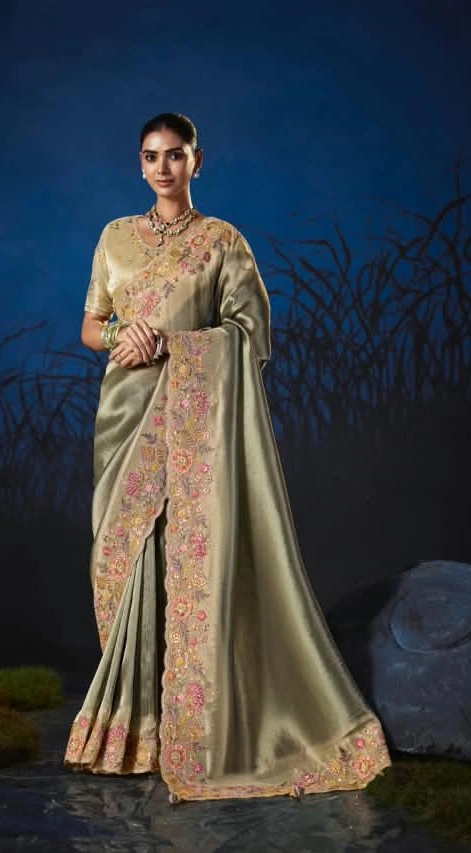 Sage Grey Anaara Pure Viscose Zari Tissue Embellished Saree